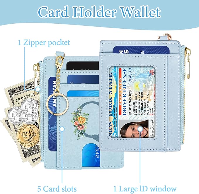 Card Wallets for Women Slim Minimalist Front Pocket RFID Blocking Wallet Small Compact Card Case with ID Window Coin Purse, Personalized Birthday Gifts for Women Sister Mom Daughter Her, Initial Q