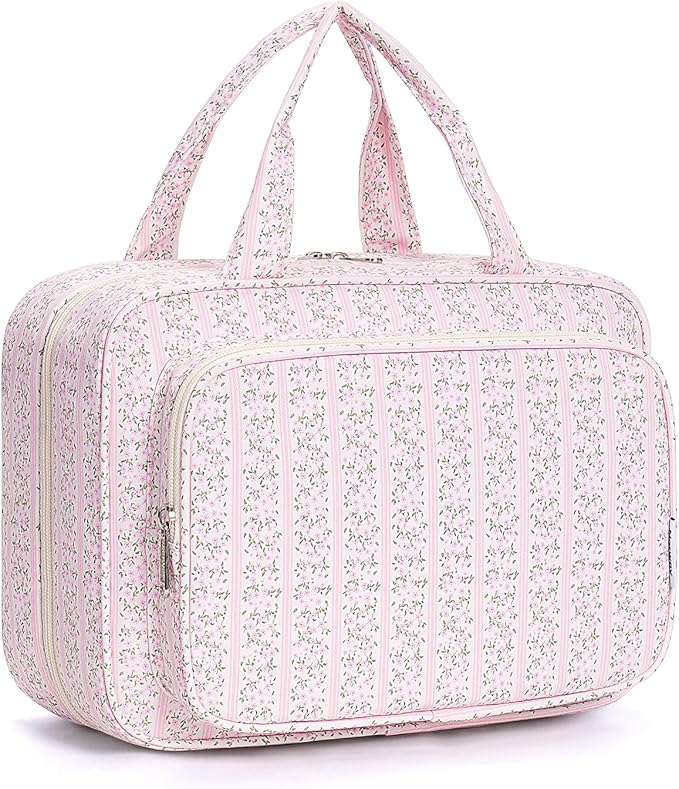 Narwey Travel Toiletry Bag for Women Large Hanging Makeup Bag Organizer Toiletries Bag for Full Size Essentials Accessories Cosmetics (Pink Flower Buds (Large))