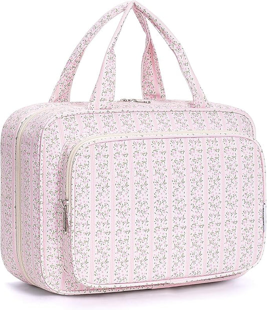 Narwey Travel Toiletry Bag for Women Large Hanging Makeup Bag Organizer Toiletries Bag for Full Size Essentials Accessories Cosmetics (Pink Flower Buds (Large))