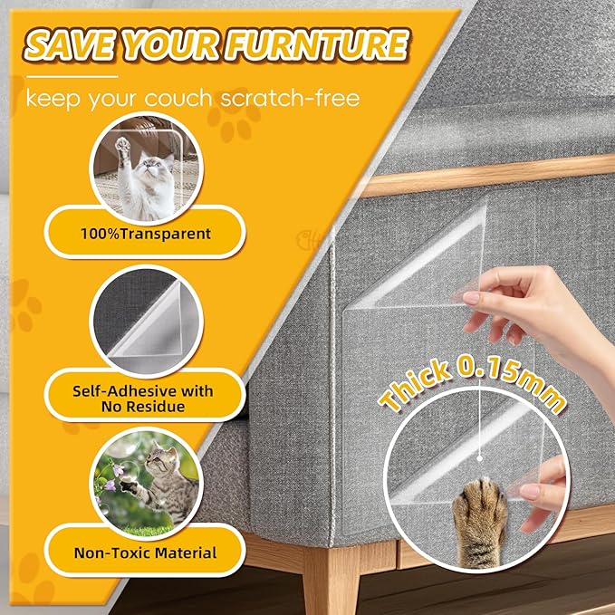 Anti Cat Scratch Furniture Protector, 18 Pcs Self-Adhesive Couch Protector for Cat Claws, Heavy Duty Couch Cover Furniture Protectors from Cats Scratching Tape for Sofa, Corner, Door, Chair