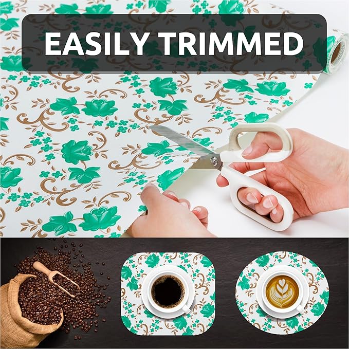 18X96 Inch Shelf Liner for Kitchen Cabinets, PVC Drawer Liner for Dresser Non-Slip Bathroom, Non-Adhesive Cabinet Liner Washable (Green Floral)(2 Roll)