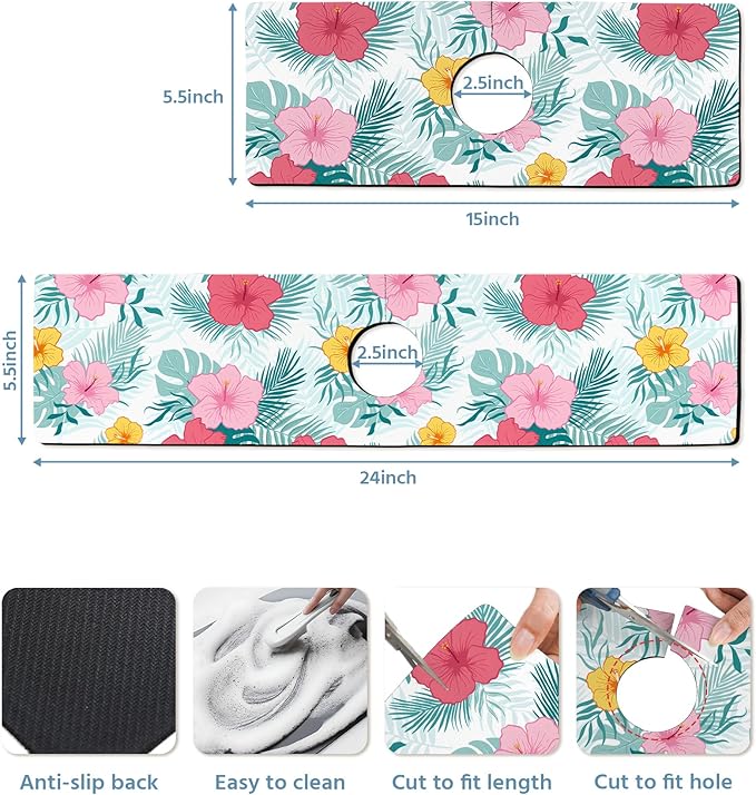 Patterned Sink Faucet Mat Kitchen Splash Guard Super Absorbent Drying Mat, Non-Slip Drain Pad for Kitchen Counter or Bathroom-24x5.5in
