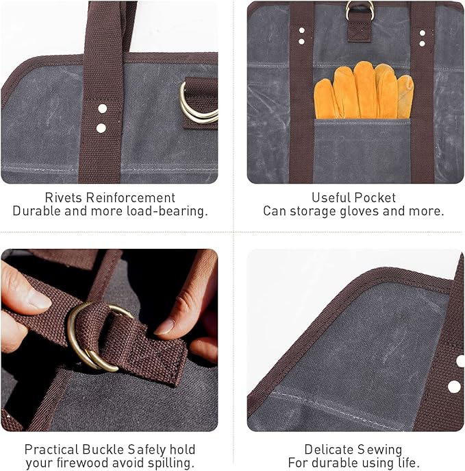 Waxed Canvas Log Carrier Tote Bag, Extra Large Durable Firewood Holder with Handles and Shoulder Strap, Heavy Duty Wood Carrying Bag for Fireplaces Grey