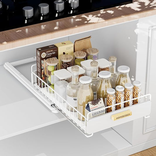 Under Sink Organizer, Kitchen Pull Out Cabinet Organizer, Mute Slide Out Metal Under Sink Organizers and Storage Shelves for Kitchen Bathroom Laundry Cabinet Pantry, White