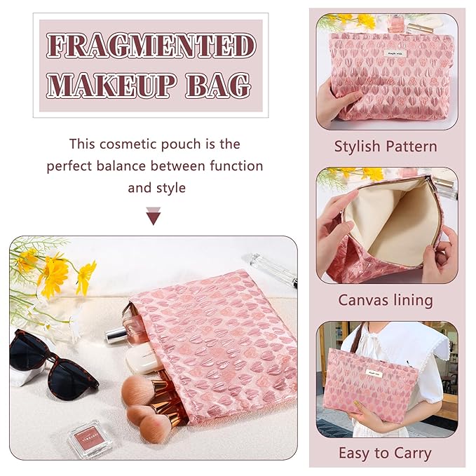 ZLFSRQ Heart Makeup Bag Travel Cute Cosmetic Bags for Women Large Toiletry Pouch Zipper Cosmetic Pouch for Purse Aesthetic Embroidery Makeup Organizer Bag Portable Toiletry Bags(Pink)
