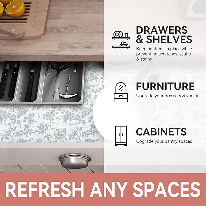 RAY STAR Shelf Liner, Non Adhesive Silver Floral Kitchen Cabinet Liner for Pantry Drawer Vanity, Non-Slip, Shelf Liners for Kitchen Cabinets Cupboard 18 Inch x 8 FT (10 Rolls) Signature Delivery