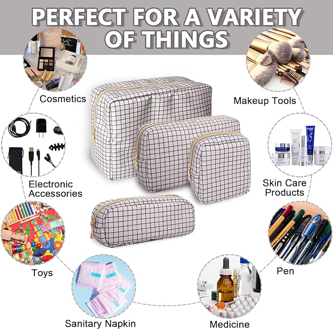Small Makeup Bag Pouch for Purse，Nylon Travel Toiletry Storage Bag Preppy Checkered Cosmetic Bag for Women Girls，Waterproof Makeup Organizer Bag Pouch Skincare Bag with Zipper (Small-Checkered)