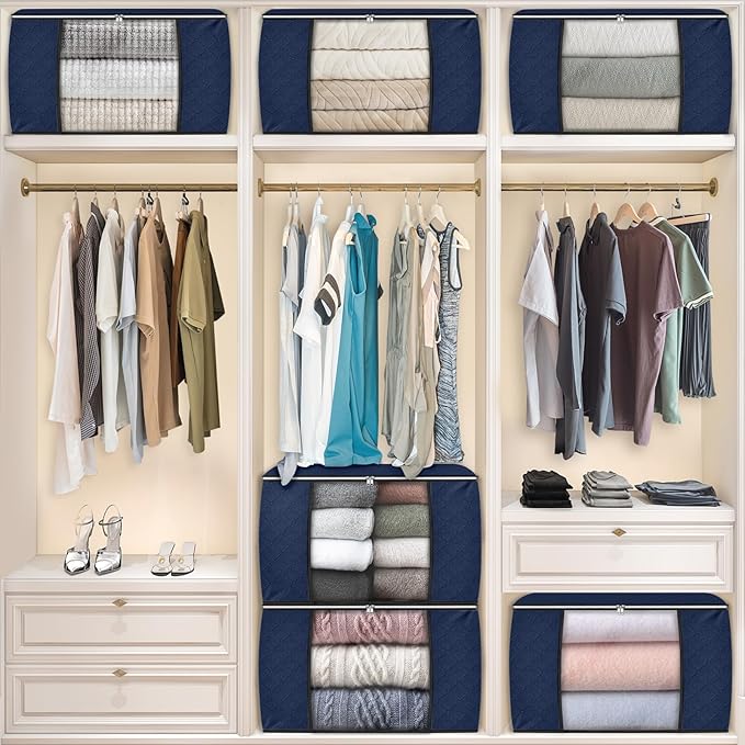 Fab totes 24 Gallons Clothes Storage, Foldable Thick Fabric Blanket Storage Bags, Containers for Organizing Bedroom, Closet, Clothing, Comforter, Organization with Handle (10 Pack, Blue)