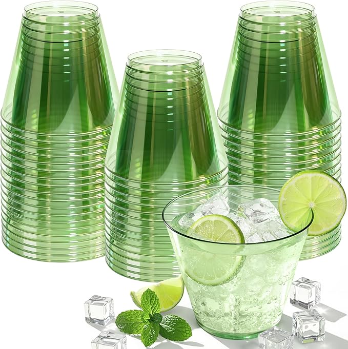 9 oz Clear Plastic Cups Green Plastic Disposable Cups for Cocktail 50 Pack Fancy Cocktail Cup for Party Stemless Wine Glasses for Wedding Graduation Birthday