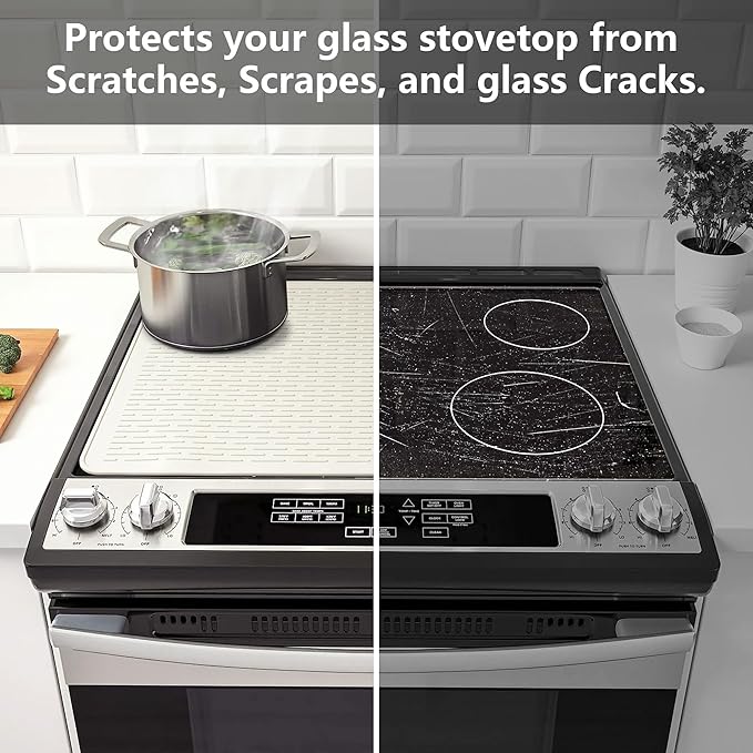 YUHFERA Stove Top Cover for Electric Stove - Silicone Stove Mat for Glass Top, Glass Cooktop Protector, XL Dish Drying Mats for Kitchen,Oven Covers for Electric Stove (Beige,28 x 20)