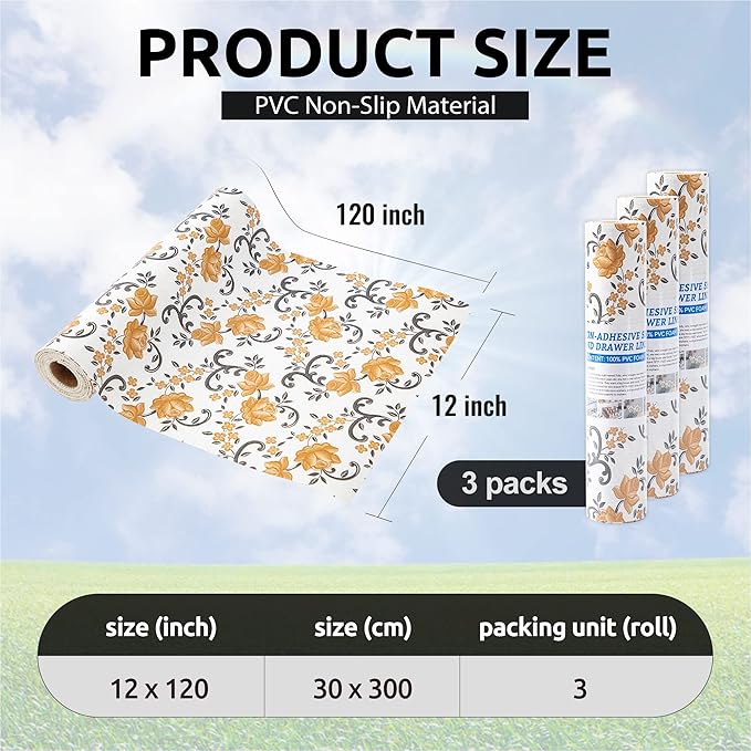 FIFTY FEET 12X120 Inch Shelf Liner for Kitchen Cabinets, PVC Drawer Liner for Dresser Non-Slip Bathroom, Non-Adhesive Cabinet Liner Washable (Yellow Floral)(3 Roll)