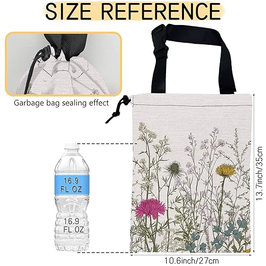Wild Herb Flower Car Garbage Bag,Vintage Botanical Flowers Small Car Trash Bag Hanging Back of Seat,Drawstring Car Trash Bag with Adjustable Buckle,Car Accessories for Camping Travelling