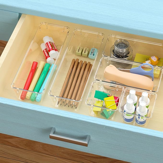 WOWBOX 12 Pack Clear Drawer Organizer Set, Acrylic Drawer Storage Trays, Storage Bins for Makeup, Cosmetics, Jewelry, Utensils, Gadgets, Office