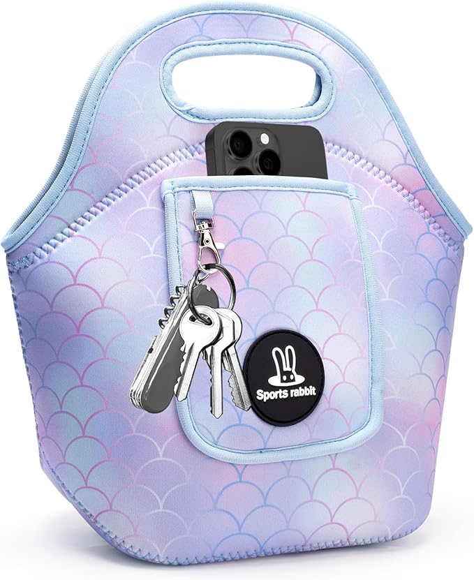 Sports rabbit Neoprene Insulated Lunch Bag for Women - Front Pocket for Phone&Keys - Reusable, Foldable, Lightweight, Waterproof, Easy to Store & Clean - Ideal for Work, Travel & Picnics (mermaid)