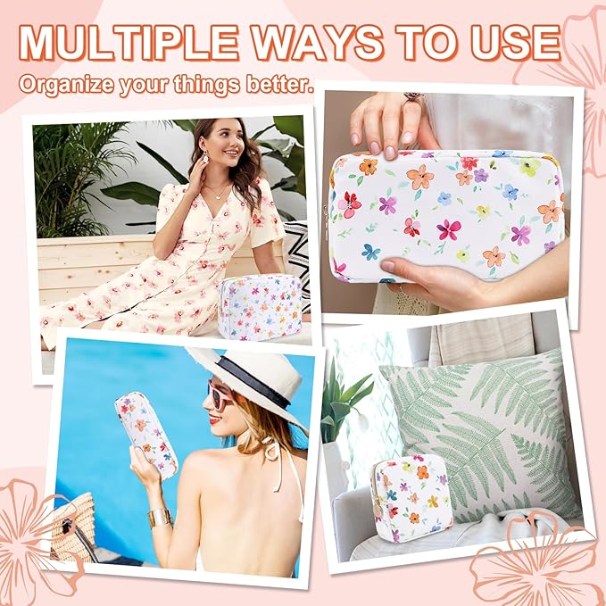 Waterproof Small Floral Pencil Case Makeup Bag for Purse, Cute Flower Pencil Pouch Preppy Nylon Makeup Brush Holder with Zipper, Girls Portable Storage Case Pen Bag for Work (Slim Colorful-Flowers)
