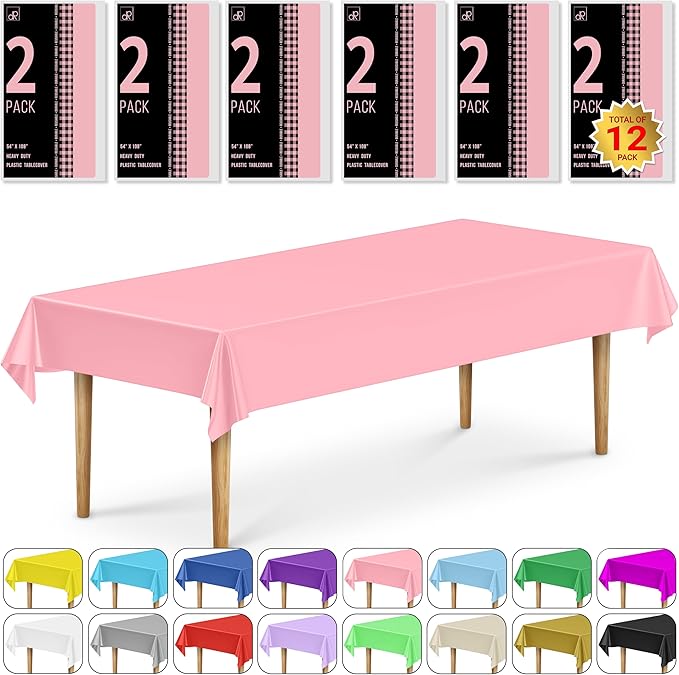 DecorRack 12 Rectangular Tablecloths BPA-Free Plastic, 54 x 108 inch, Dining Table Cloth, Rectangle Table Cover for Parties, Picnic, Camping and Outdoor, Disposable or Reusable, Light Pink (12 Pack)