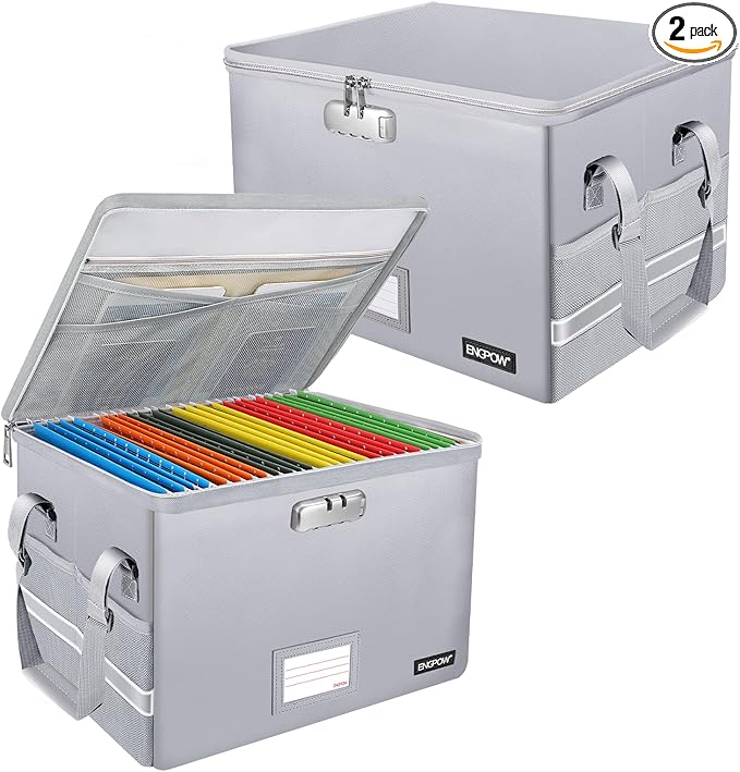 ENGPOW File Box with Lock, Fireproof Document Box with Pockets, Collapsible File Organizer Filing Storage Cabinet with Handle, Portable Home Office Safe for Hanging Letter/Legal Folders, Silver, 2 Pack
