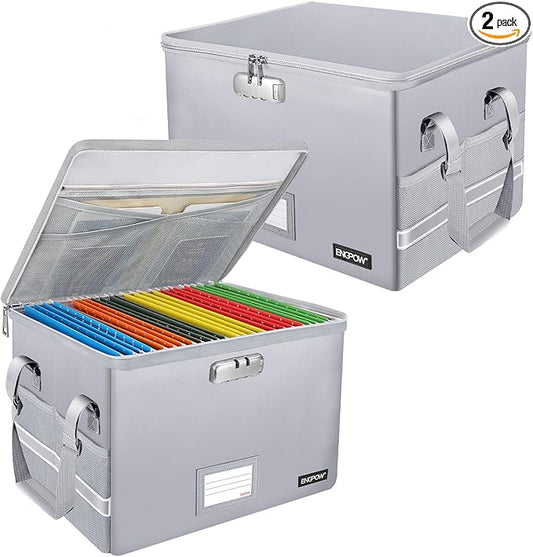 ENGPOW File Box with Lock, Fireproof Document Box with Pockets, Collapsible File Organizer Filing Storage Cabinet with Handle, Portable Home Office Safe for Hanging Letter/Legal Folders, Silver, 2 Pack