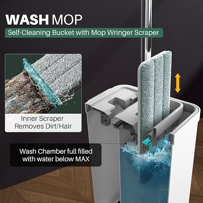 JOYMOOP Mop and Bucket Set, White Flat Mop with Long Handle for Floor & Wall Cleaning, Wet & Dry Use, Hardwood Floor Cleaner, Ideal for Household & Commercial Use, 5 Microfiber Pads Included
