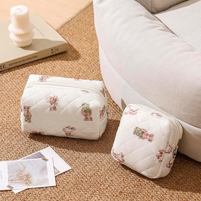 uekeboag 2pcs Small Quilted Cotton Makeup Bag for Purse, Cosmetic Bag with Compartments, Cotton Aesthetic Makeup Bag, Travel Toiletry Pouch, Lipstick Bag Card Holder Data Cable Organizer (Bear Set)