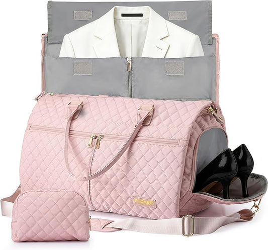 STOVER Women’s Convertible Garment Duffel Bag for Travel – 2-in-1 Carry-On Weekender/Overnight Tote - Wrinkle-Free Dresses, Hanging Suits & Clothes Plus Shoe Compartment & Bonus Toiletry Bag (Pink)