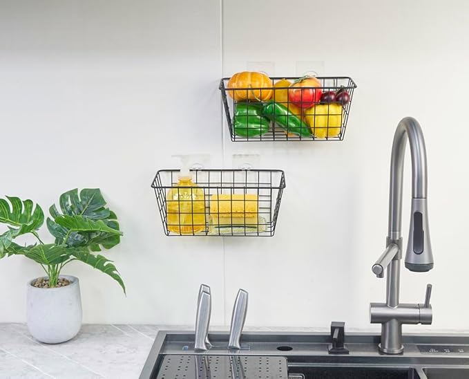 2 Pack Hanging Storage Basket, Bathroom Basket, Household Goods, with Traceless Tape, no Drilling, for Cabinet Storage, Kitchen, Bathroom, Storage Room,Black