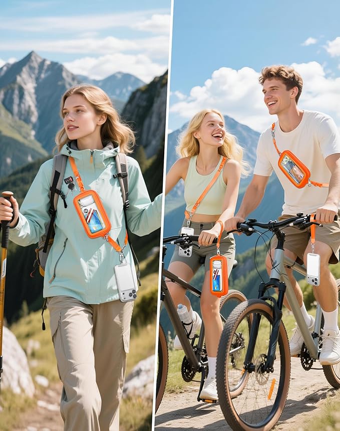 SHANSHUI Clip and Go Phone Lanyard Wallet, Hands-Free Crossbody Strap with Zipper Pocket & ID Window, Includes 2 Metal Tether Pads for Phones, Keys, Earphones, Accessories Orange
