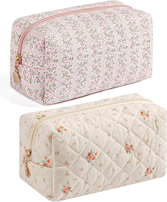 HHQQWZ Makeup Bag Travel Cosmetic Bag for Women Girls, Zipper Make Up Pouch, Floral Flowers Toiletry Organizer Makeup, Portable Storage Cosmetic Travel Cloth Bag (Pink+White Small Flower)