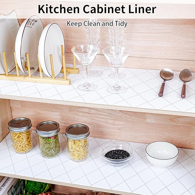 Shelf and Drawer Liner for Kitchen Cabinet,12 in x 30 FT Non-Adhesive Rhombus Cabinet Liners for Shelves Non-Slip Waterproof Kitchen Drawer Liners Contact Paper Shelf Paper with Knife and Tape Measure