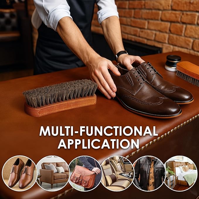 6.7" Horsehair Shoe Shine Brush Set of 2-100% Soft Genuine Horse Hair Bristles - Unique Concave Design Wood Handle - Comfortable Grip, Anti Slip - for Boots, Shoes & Other Leather Care