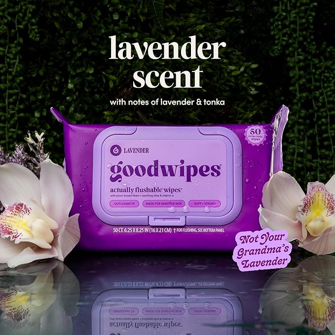 goodwipes Flushable Wipes Bulk Pack, Lavender Adult Wet Wipes for Women & Men, Sewer & Septic Safe, Toilet & Bathroom Essentials, Extra Large, 418 Count (8 Packs and 1 Travel Pack)
