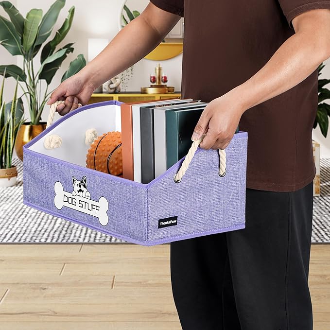 Collapsible Fabric Dog Toy Box and Storage Bin With Handle - Trapezoid Basket Chest Organizer for Pet Toys, Blankets and Accessories, Purple