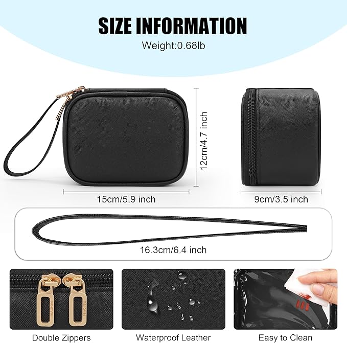 Relavel Mini Makeup Bag with Led Mirror, Small Cosmetic Bag with 3 Light Modes, Rechargeable Portable Makeup Pouch with Hands-Free Wrist Strap for Pool Parties丨Work Touch-Ups丨Travel - Black