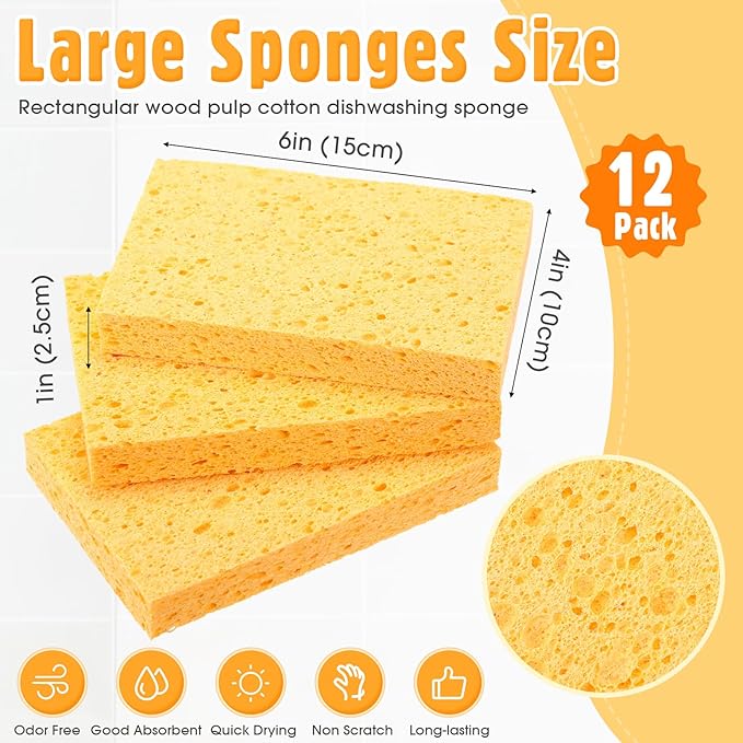 Tioncy 12 Pcs Extra Large Car Washing Sponges 6 x 4 x 1 Inch Cellulose Kitchen Sponges Bulk, Big Yellow Cleaning Pads, Clean Tough Messes Without Scratching for Home Kitchen Boat Bail Car