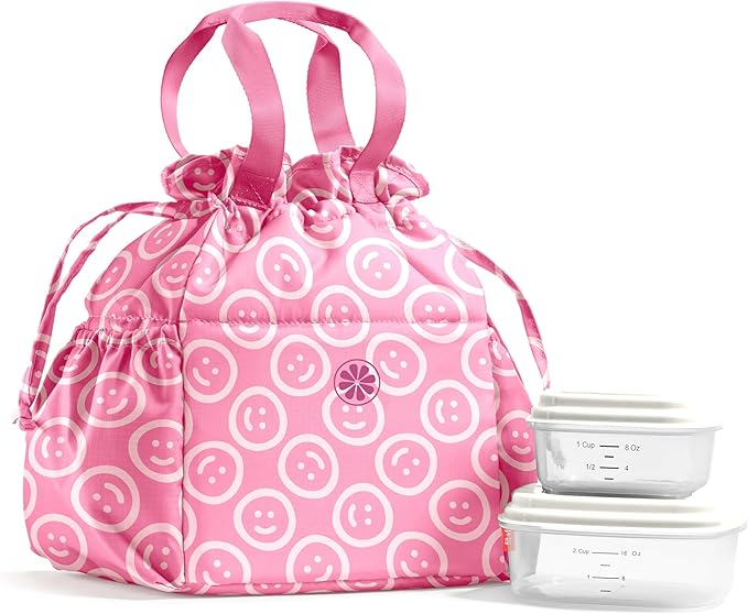 Fit & Fresh Cromwell Drawstring Lunch Bag for Women, Complete Lunch Set with 2 Containers, Stain-Resistant, Leak-Resistant, Back to School Essential, Teacher Lunchbox, All Smiles Fuchsia