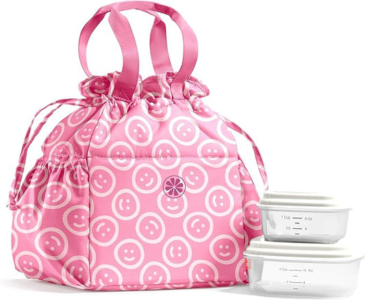 Fit & Fresh Cromwell Drawstring Lunch Bag for Women, Complete Lunch Set with 2 Containers, Stain-Resistant, Leak-Resistant, Back to School Essential, Teacher Lunchbox, All Smiles Fuchsia