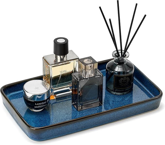 10"×6"×1" Bathroom Vanity Tray for Countertop- Ceramic Decorative Organizer Tray for Dresser Tops, Toilet, Perfume, Sponge Holder Soap Dish Dispenser for Kitchen Counter- Kiln-Transformed Blue