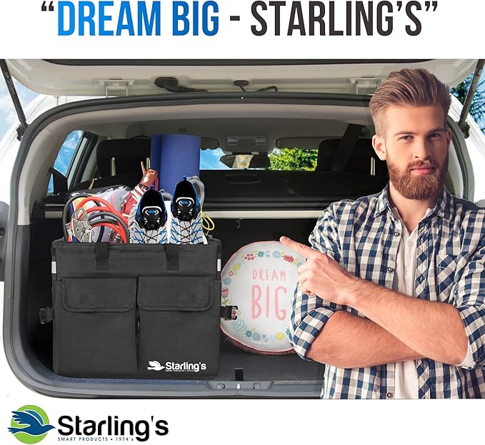 Starling's Car Trunk Organizer Super Strong, Foldable Storage Cargo Box for SUV, Auto, Truck Nonslip Waterproof Bottom, Fits any Vehicle, Comes with Adjustable Tie-Down Straps with Lid (Black, 2