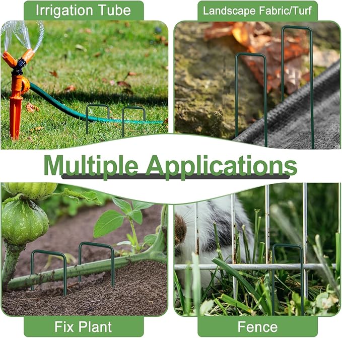 FOTMISHU Landscape Staples 6Inch 250pcs Garden Stakes + 250pcs Gasket, Lawn Pins with Spray Coating Craft,11Gauge Anti-Rust Ground Yard Spikes Anchoring for Outdoor Tents Irrigation Hoses (Green)