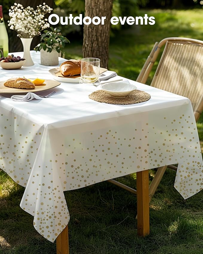 Pureegg Plastic Table Cloth Disposable 10 Pack, 54 x 108 Inch Table Cloths, Graduation Decorations Class of 2025, Graduation Tablecloths, Rectangle, Plastic Cover, Leakproof & Sturdy, White and Gold