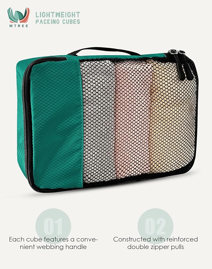 4-Piece Packing Cubes Travel Accessories Set for Suitcases - Luggage Organizer Bags with Double Zipper - Mesh Top - Small/Medium/Large/Slim - Green