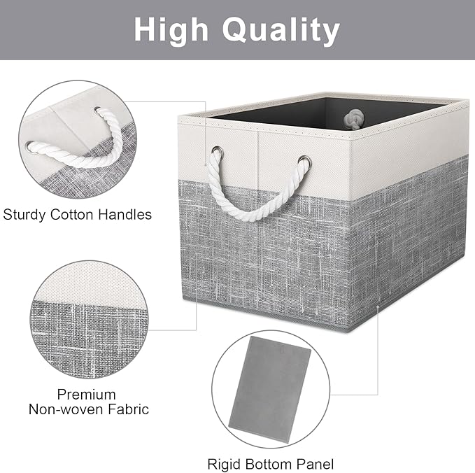 Fab Totes Foldable Storage Baskets - 6-Pack, Organize Toys, Books, Shelves, Closet - Large Storage Box with Rope Handles, Sturdy White & Grey Bins