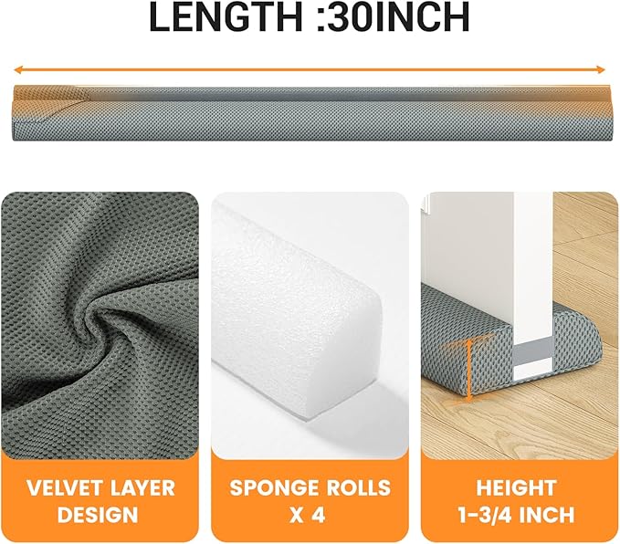 fowong Door Draft Stopper 30 Inch, Under Door Noise Stopper Blocks Air, Draft, Light, Dust, 24" to 30" Sweep Seal Large Gap up to 1.7", Easy to Install Grey