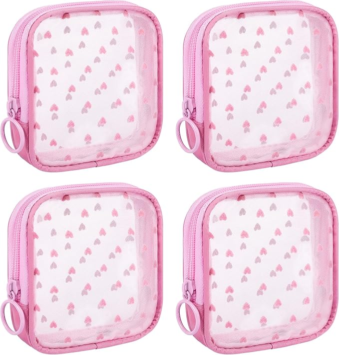 4 Pieces Mini Zipper Nylon Mesh Pouch, Mesh Cosmetic Bags Makeup Bags, Multipurpose Travel Toiletry Bags for Office Supplies and Travel Accessories (Heart Print-Pink, S)