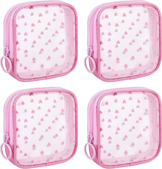 4 Pieces Mini Zipper Nylon Mesh Pouch, Mesh Cosmetic Bags Makeup Bags, Multipurpose Travel Toiletry Bags for Office Supplies and Travel Accessories (Heart Print-Pink, S)