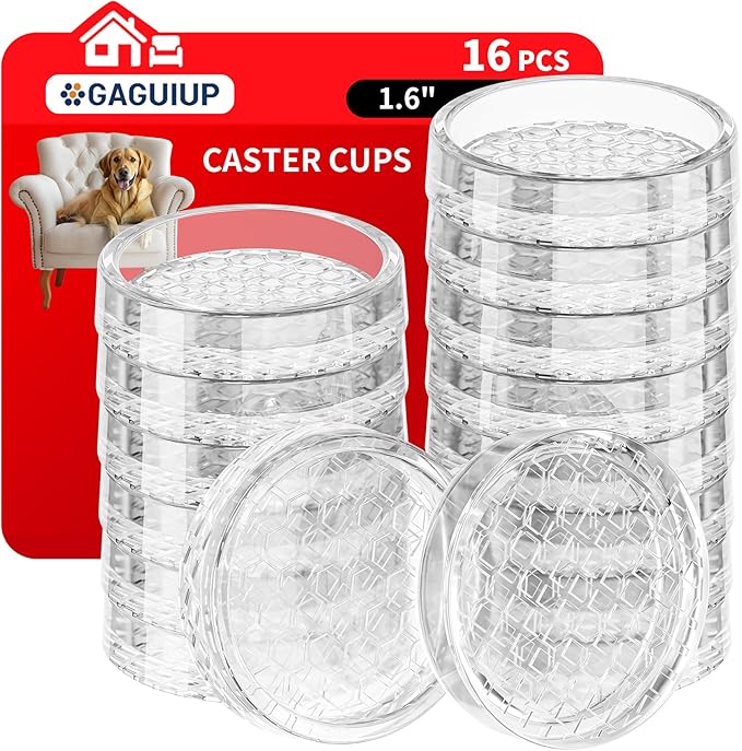 1.6"x1.6" Round Rubber Furniture Caster Cups, 16 PCS Chair Coasters for Carpet - Clear Non Slip Furniture Pads with Grip, Carpet Protector for Furniture Legs - Protect Any Flooring