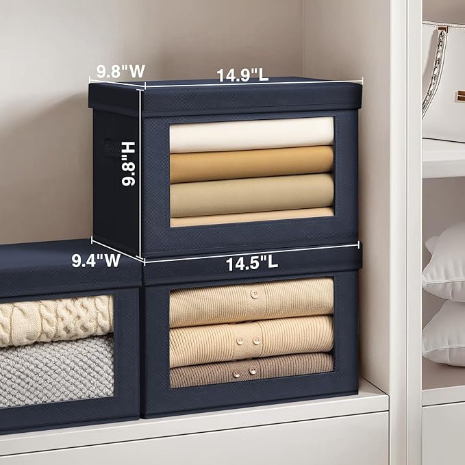 Foldable Storage Boxes with Clear Window - Clothes Organizers and Storage, Decorative Bins with Lid, Fabric Storage Cube, Storage Baskets for Shelves, Yarn, Home, Navy Blue, 3 Pack