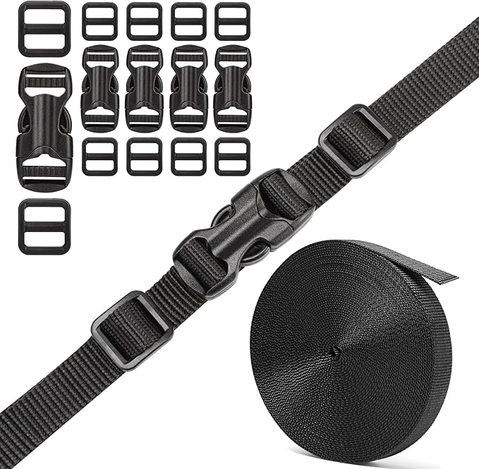 5/8" Buckle and Strap Set: 6 Yards of Thick Nylon Webbing, 6 Pack Quick Side Release Adjustable Plastic Buckles, 12 Tri-Glide Slide Clips, Black (5/8 Inch Combo Set)