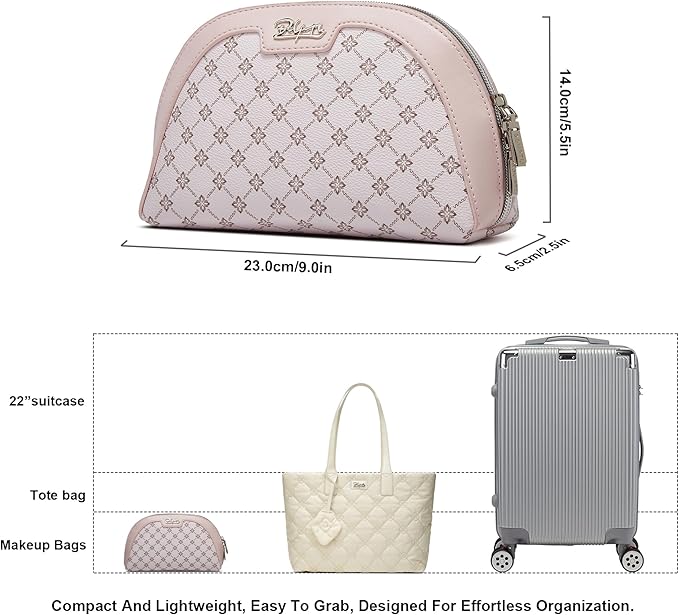 BOYATU Small Travel Makeup Bag for Women: Elegant Vegan Leather Cosmetic Pouch for Purse - Waterproof Toiletry Bag with Mirror(012-Pink)