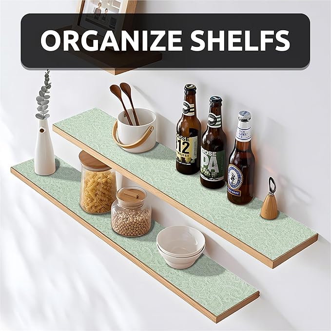 12X600 Inch Shelf Liner with Scissor & Tape Measure for Kitchen Cabinets, PVC Drawer Liner for Dresser Non-Slip Bathroom, Non-Adhesive Cabinet Liner Washable (Green)